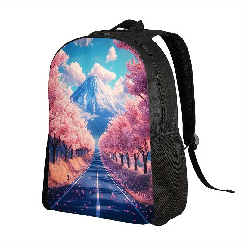 Mochila con diseño de flor de cerezo japonés - Diseño de ruta floral rosa del Monte Fuji con correa de hombro ajustable y cierre de cremallera