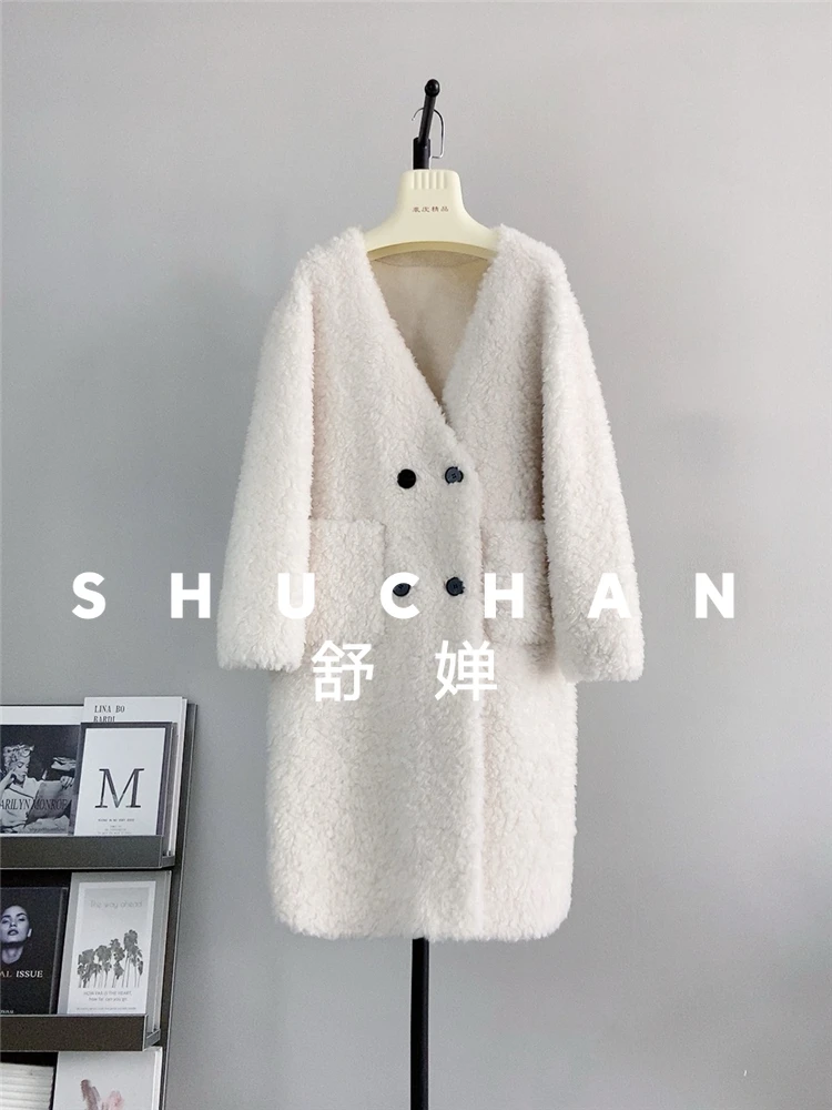 100% Wollen Jas Vrouwen Nieuwe Warme Schapen Scheren V-hals Lange Wind Jas Herfst en Winter Casaco Feminino De Inverno Super Quente