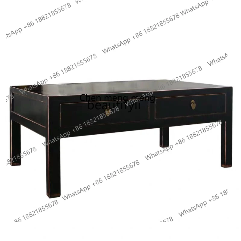 

New Chinese solid wood living room floor table with drawers tea table antique black paint old simple classical few