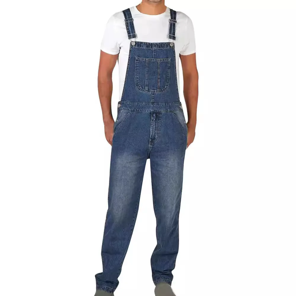 

Faionable Retro Men's Spring Summer Denim Overalls Pure Color Large Size Personali Long Strapl Denim Pants