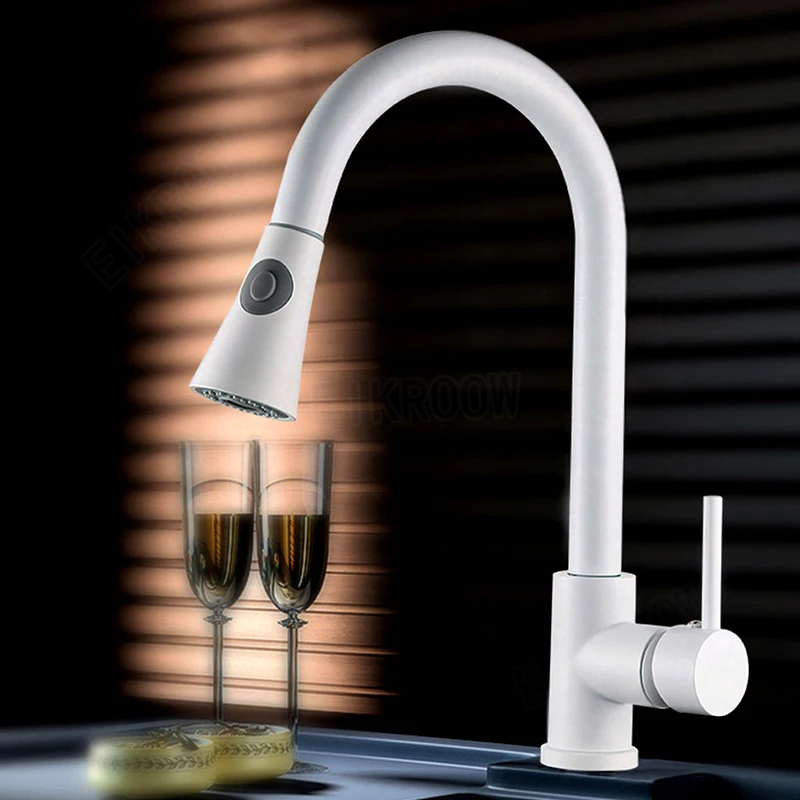 

NEW White Kitchen Faucet Single Hole Pull Out Stream Sprayer Head Sink Mixer Tap Deck Mounted Cold Hot Water Chrome/Black Tap