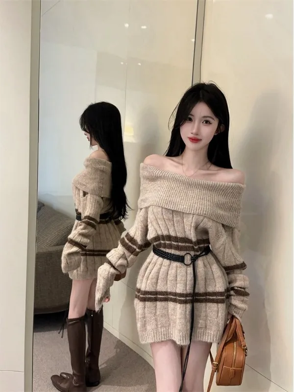 

Laid-back Style Color Block Loose Knitted Sweater Beautiful One-Shoulder Striped Women's Fashion Belted Winter Coat