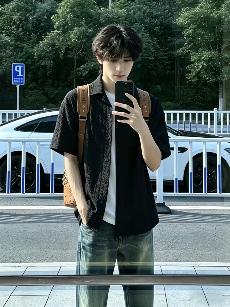 

Black Hollow Knitted Ice Silk Short Sleeve Casual Shirt Men's Loose Breathable Summer Outerwear Youth Popular Daily Wear