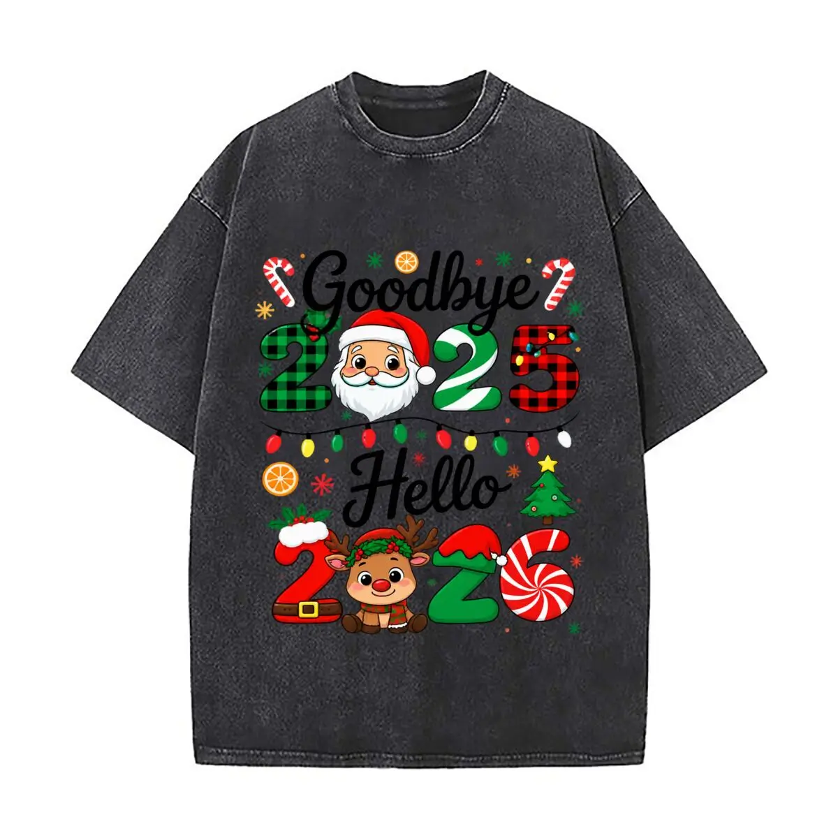 Goodbye 2025 Hello 2026 Christmas Santa Reindeer Candy Cane Distressed Vintage Oversized Streetwear Tops for Coffee Dates