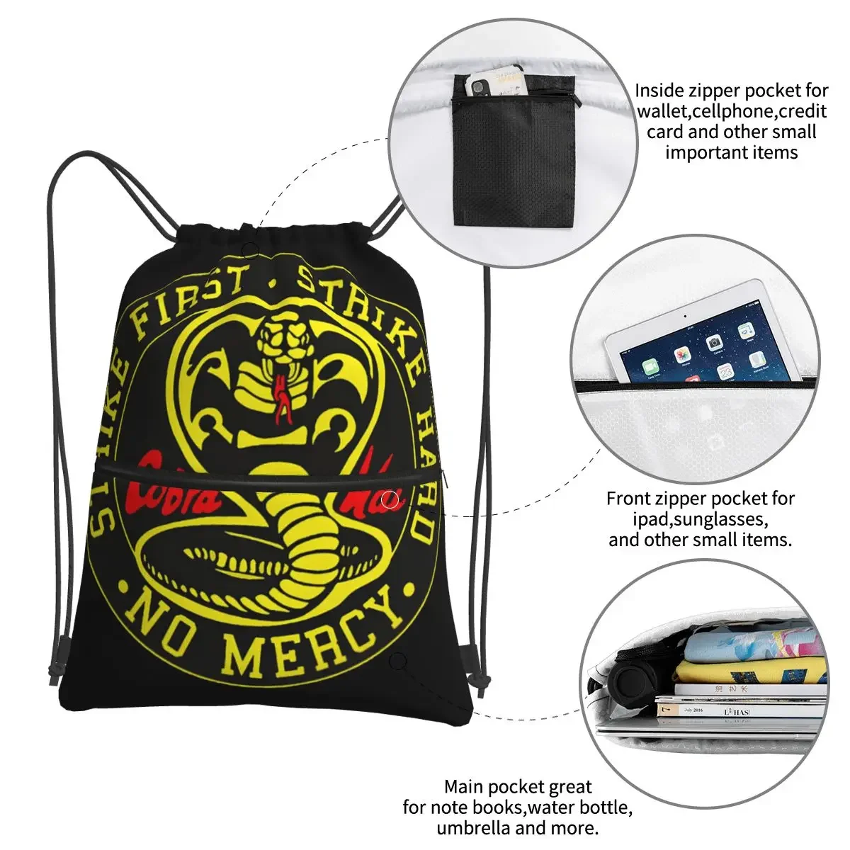 Cobra Kai Cobra Kai No Mercy zaini classici borsa con coulisse borsa con coulisse tasca per scarpe borse da viaggio Sport uomo donna