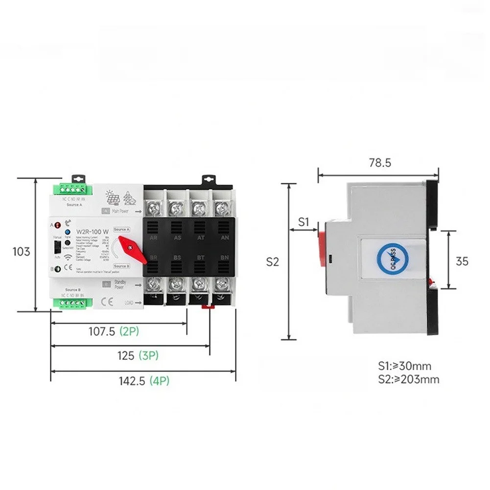 2P 100A AC220V WiFi Transfer Switch for Solar Photovoltaic Generator Mains Integration with Visual Status Indicators