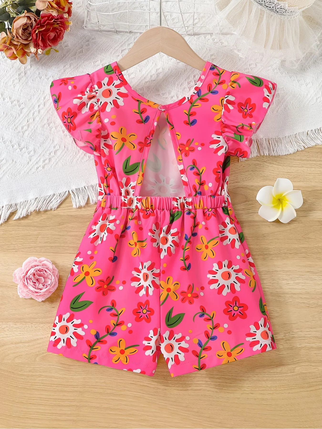 Children's Floral Print Jumpsuit with Ruffled Sleeves round Neck Wide Leg Pants Casual Elegant Style for Kids