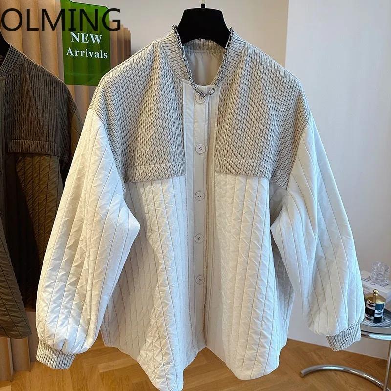Autumn Winter New Cotton Clothes Women Fashion Single Breasted Loose Knitted Spliced Striped Cotton Coat Women Parkas