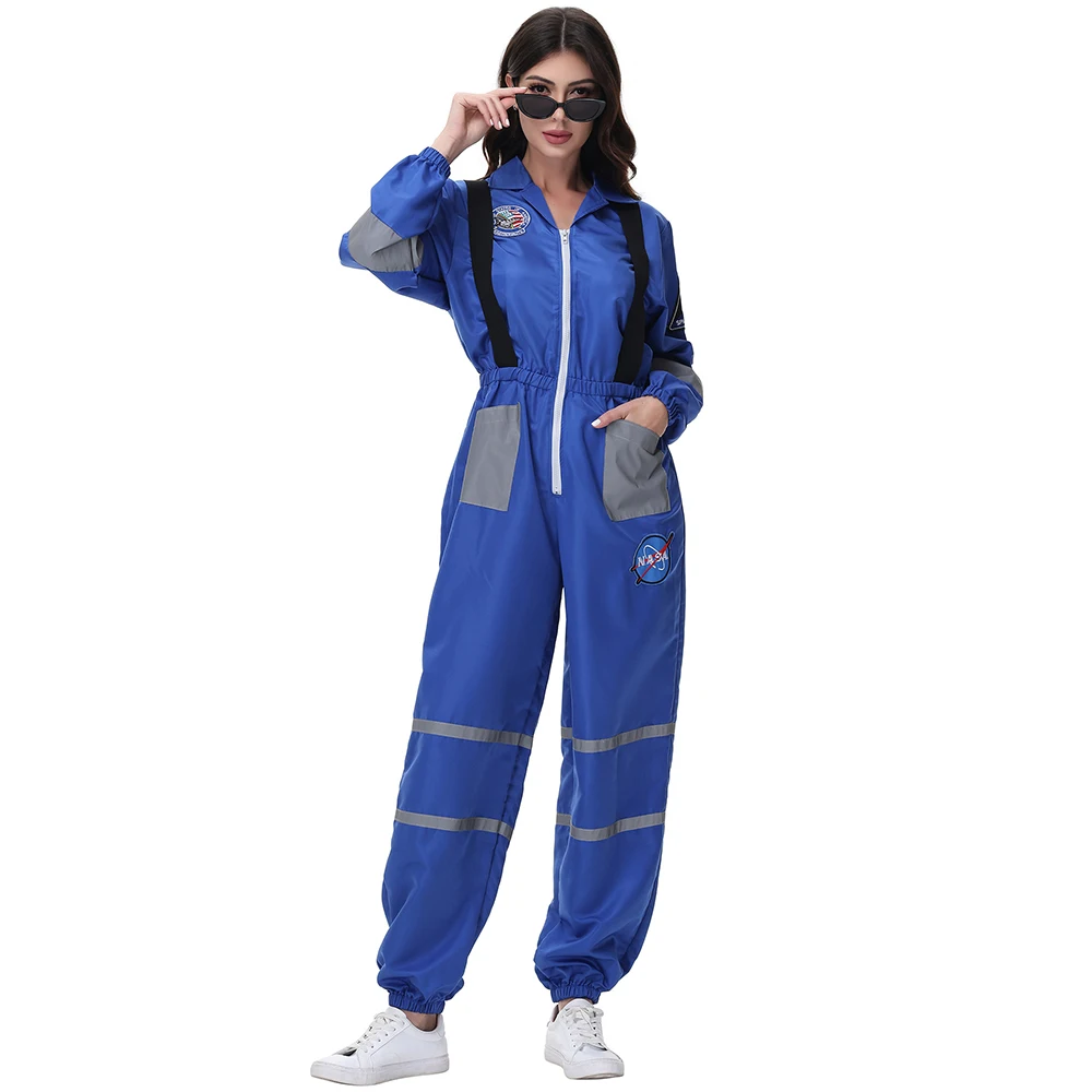 

Adult Astronaut Men Women Flight Space Suit Jumpsuit Halloween Cosplay One Piece Overalls Blue Astronaut Costume