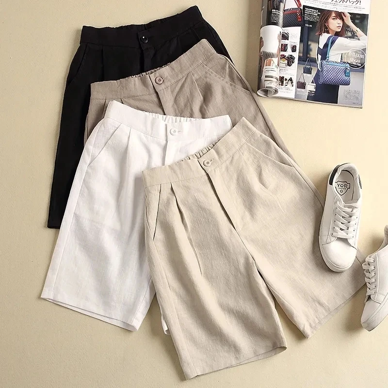 Khaki Solid Casual Linen Cotton Elastic High Waist Wide Leg Button Loose Women\'s Shorts Korean Fashion Summer Shorts Women 2024