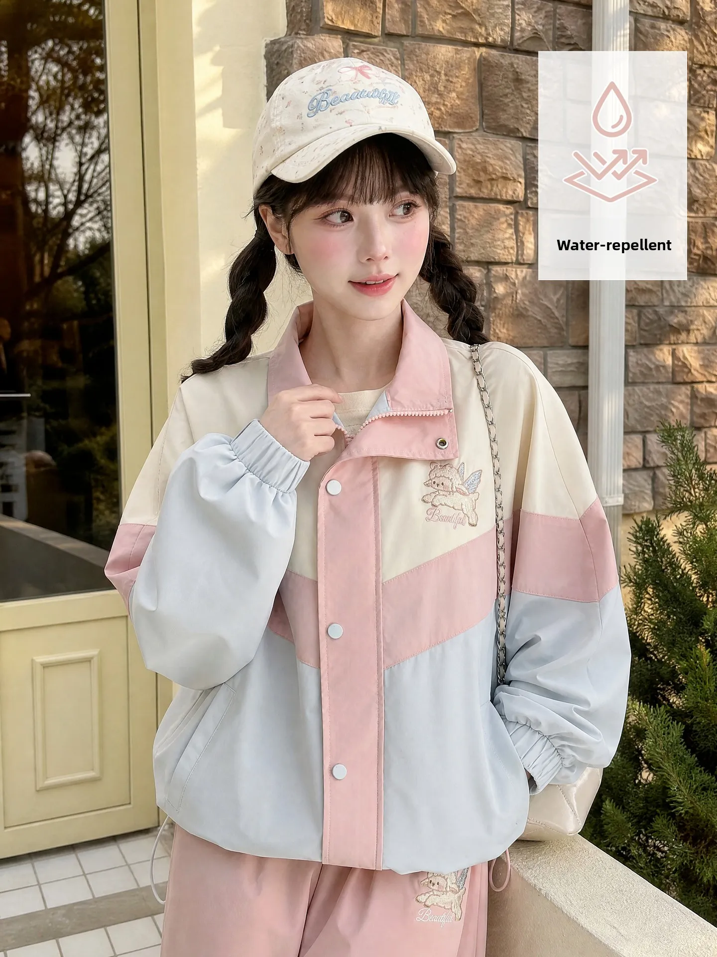 Sweet Style Embroidered Sheep Color Block Stand Collar Jacket for Women Short Outerwear Autumn New Arrival Small Size Ladies ...