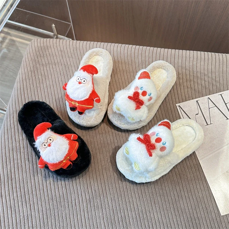 

Новинка 2024 года, детская обувь, повседневные плюшевые тапочки Санта-Клауса, зимние модные теплые тапочки для девочек, домашние однотонные тапочки