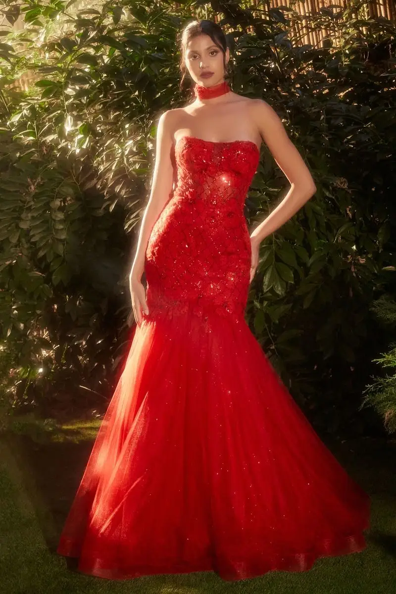 Tulle Strapless Mermaid Prom Dresses Sparkly Red Appliques Sequins Bodycon Backless Evening Gown Elegant Lace Up Party Dress