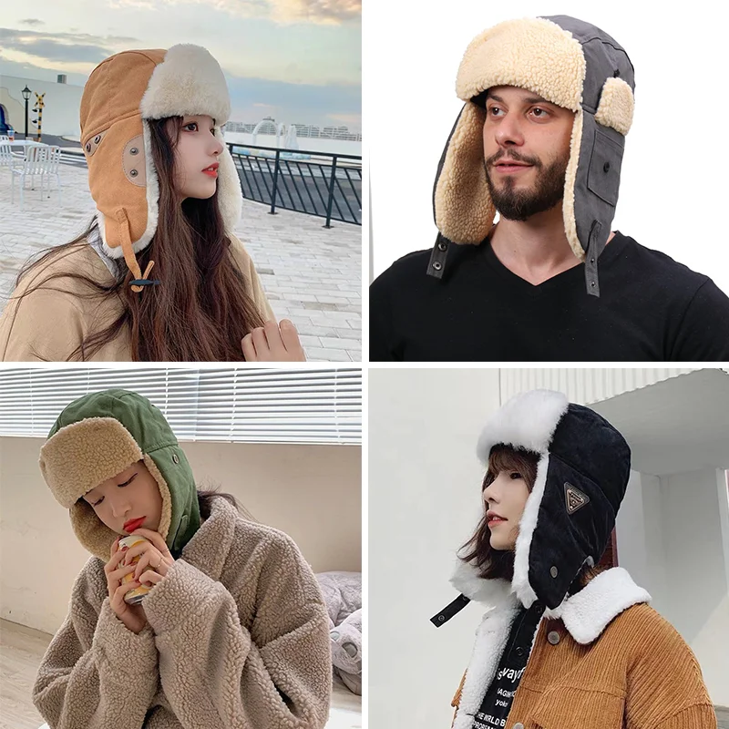 2022 New Winter Earflap Bomber Hats Fur Ushanka Cap Thickened Warm Russian Hat Cycling Skiing Outdoor Windproof Wool Ear Flap