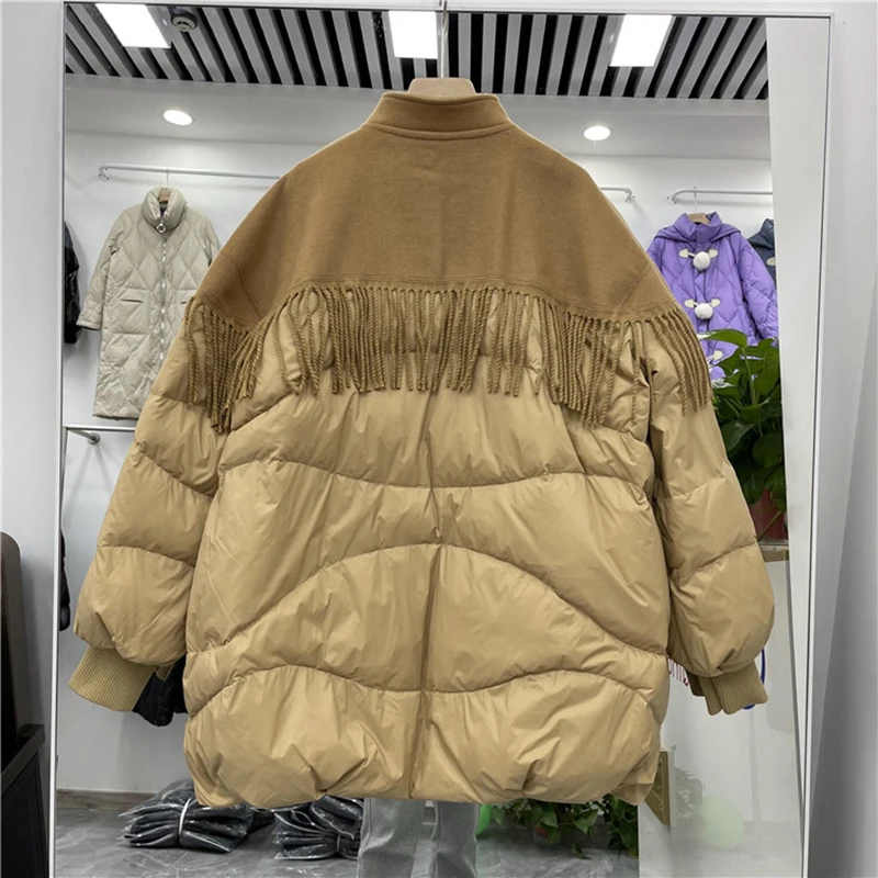 겨울 양면 태슬 중간 길이 다운 재킷 여성 화이트 덕다운 스탠드 칼라 따뜻한 재킷 여성 파카 퀼팅 아우터