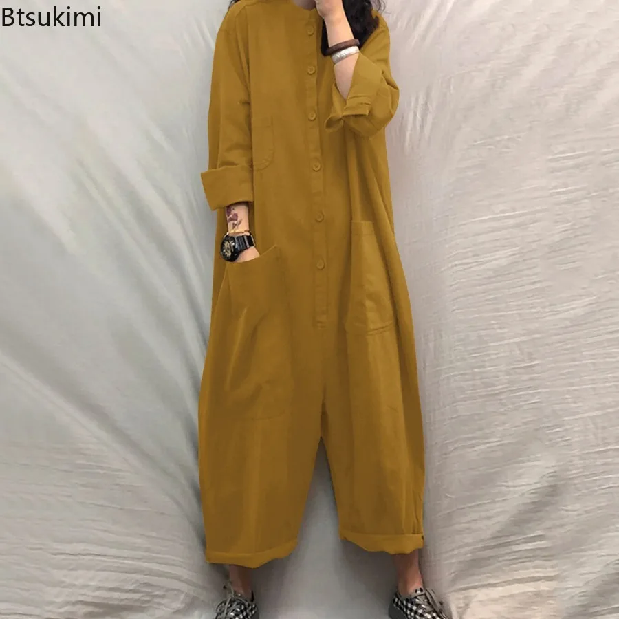 2024 Women\'s Casual Solid Jumpsuits Fashion Stand Collar Long Sleeve Multi Pocket Shirt Rompers Females Loose Wide Leg Overalls