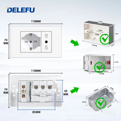 Imagen 2 del producto DELEFU-Panel ignífugo SC31 4*2, blanco, estándar italiano, USB tipo C, interruptor de toma de pared de carga rápida, TV, teléfono, CAT5, CAT6