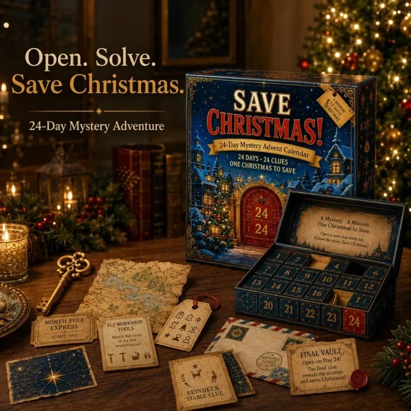 24 Day Mystery Adventure Advent, Calendar Interactive Puzzle Game Box, Christmas Countdown Gift For Kids, Adults Save Christmas