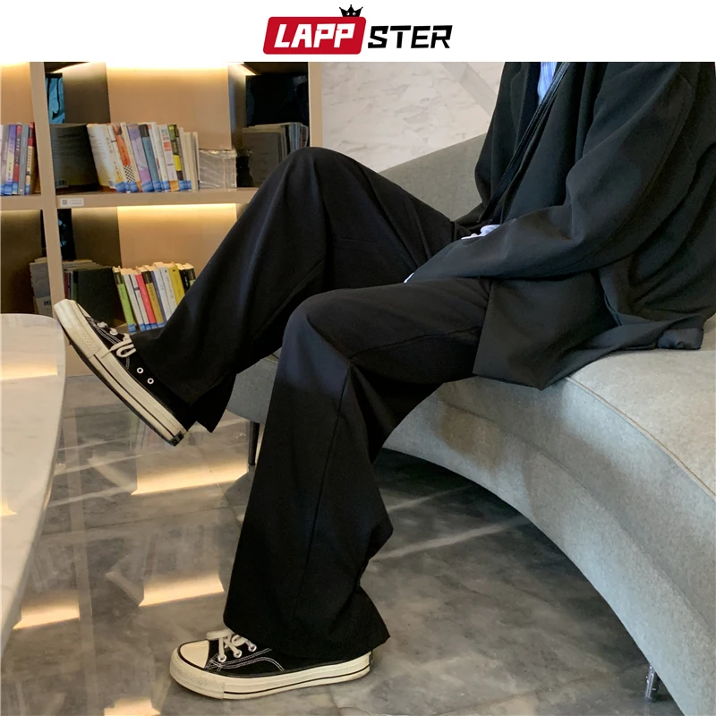 LAPPSTER Homens Faions Coreano Perna Larga Sweatpants 2023 Mens Preto Harajuku Calças Harem Baggy Masculino Japonês Streetwear Corredores