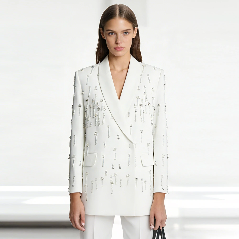 Autumn Winter Black White Luxury Rhinestone Beaded Women Blazer Long Sleeve Office Party Jacket Blazer Mujer Femmes Traf