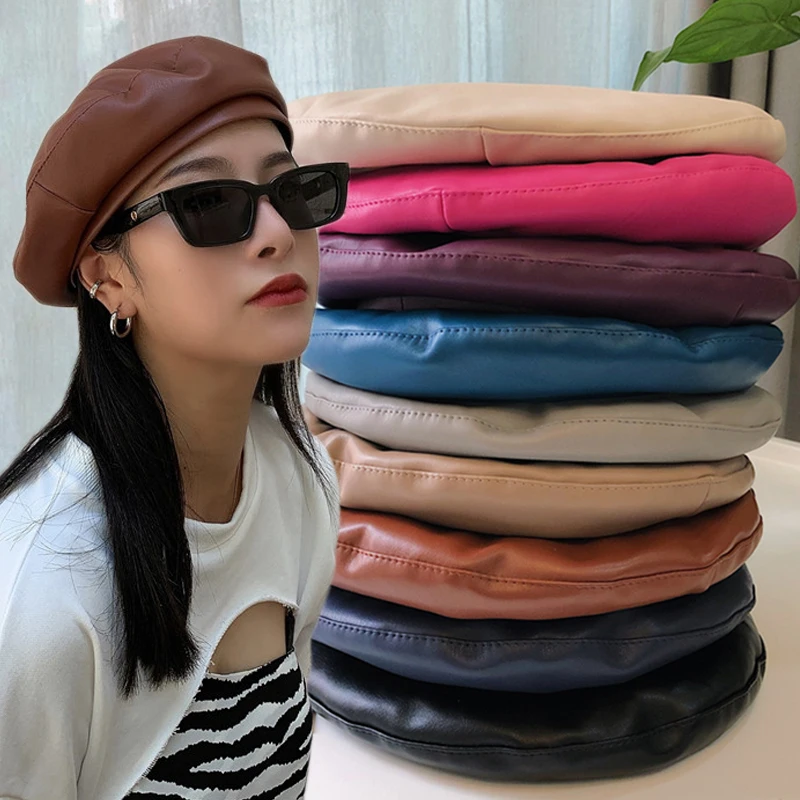 PU Leather Women Beret Hat 2022 New Fashion Street French Artist Warm Beanie Cap Autumn Winter Retro Solid Color Black Beret