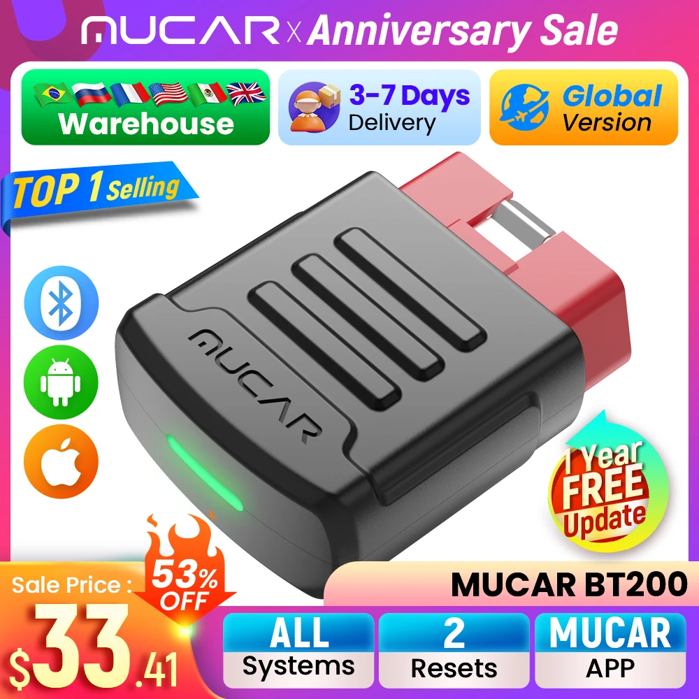 MUCAR BT200 BT200 PRO OBD2 Bluetooth Scanner Automotive Car Diagnostic Tools Auto Obd 2 Tester 15 Reset Free Update Diagnosis