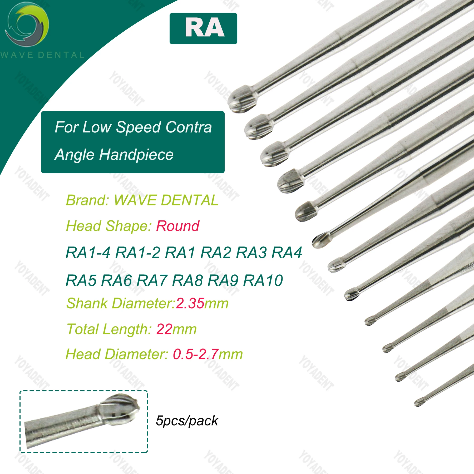 

WAVE Dental RA Series Carbide Burs Round Head For Low Speed Handpiece RA1-10 Dia 2.35mm 5Pcs/pcak Dentist Accessories Tools