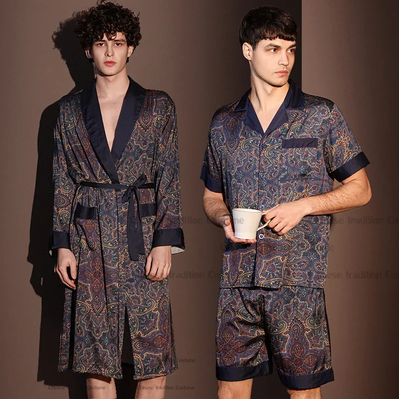 Print Sleepwear Print Pijamas De Hombre Male Ice Silk High Quality Loungewear Man Pjs Sets Short Sleeve Shirt Shorts Nightwear