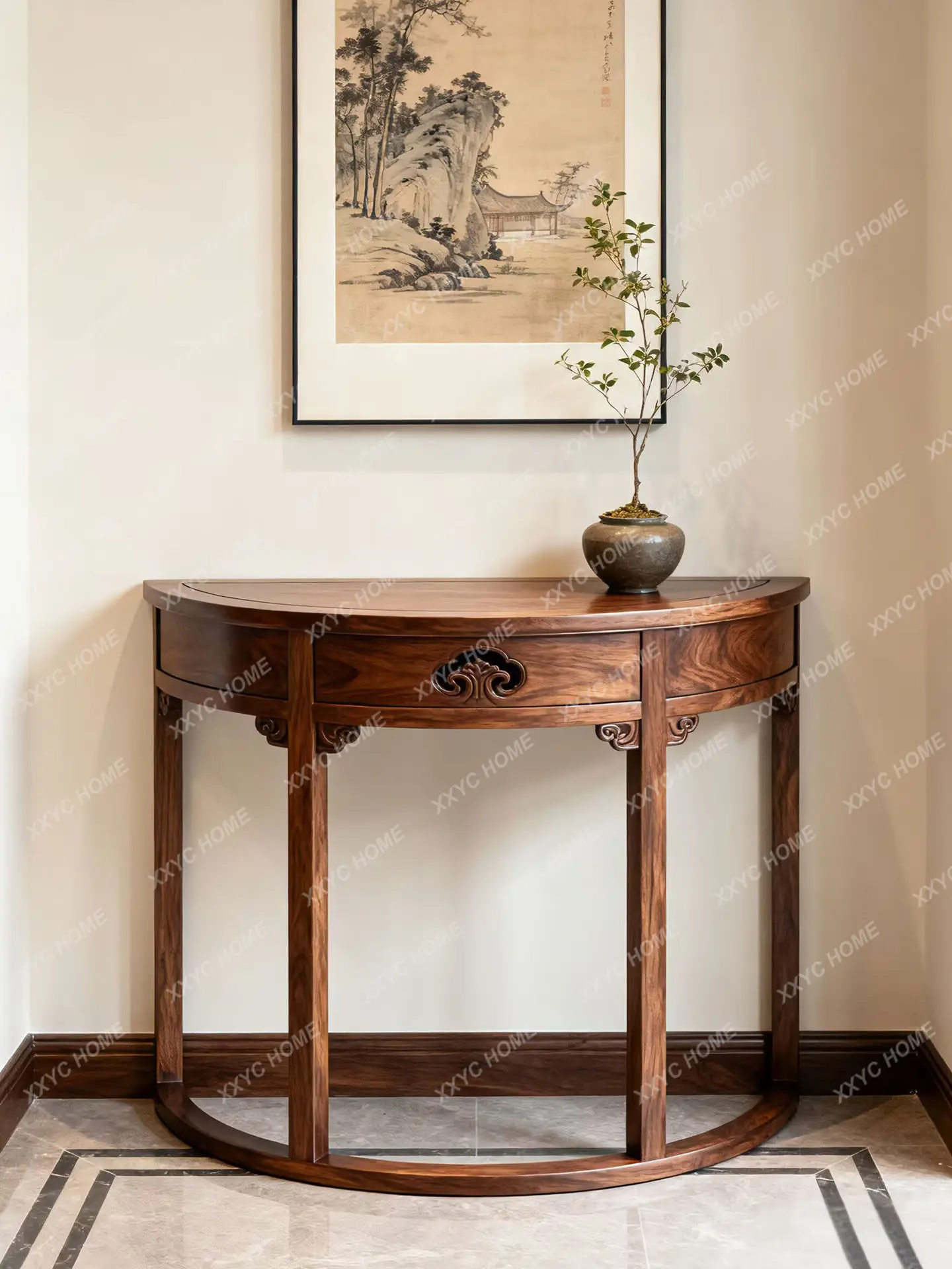 Semi-round entrance table, foyer entry minimalist style solid wood end view platform