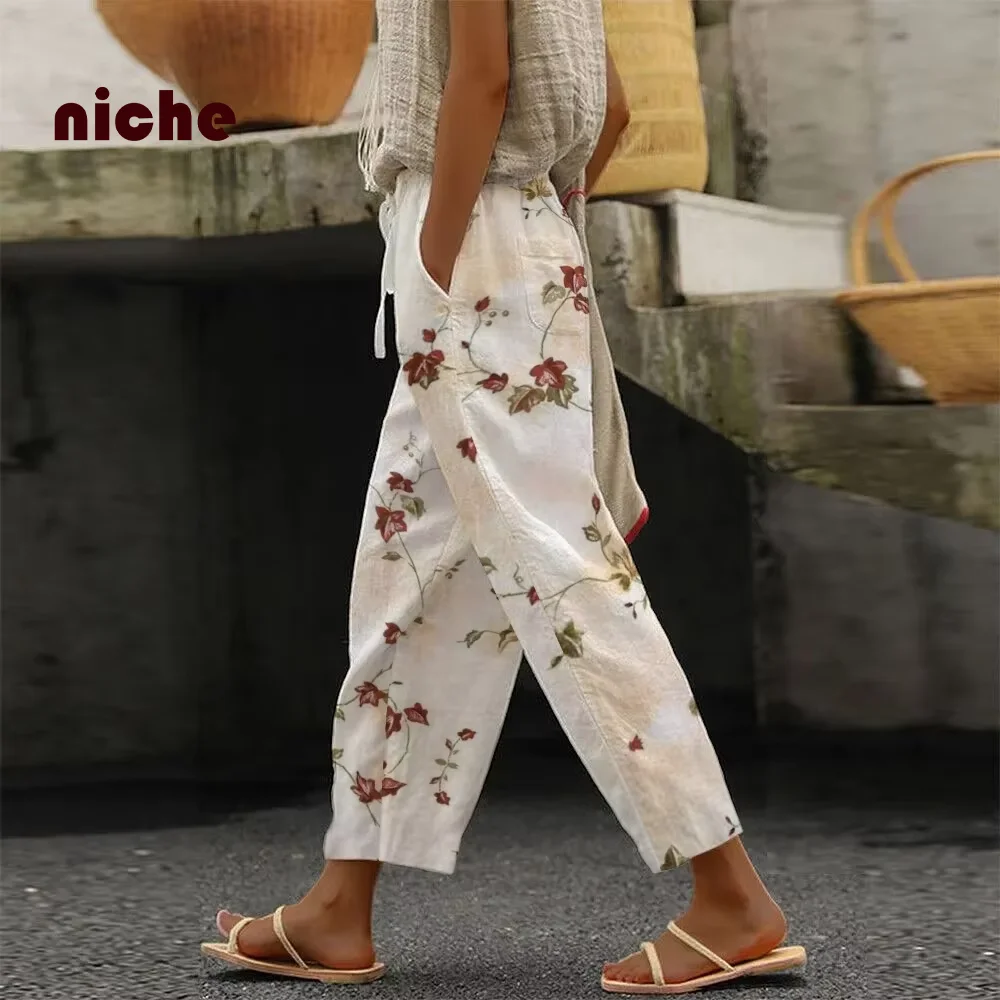 Elegant Nine-Point Pants for Women, Wide-Leg Radish Pants, Small Floral Printing, Fashion Designer, Trendy, New