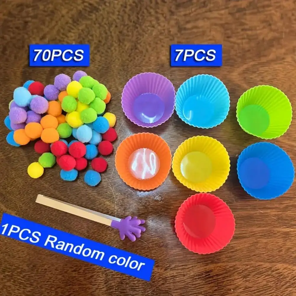 Kids Color Sorting Toy with 7 Bowls 70 Pompoms Clip Ball Counting Matching Game Educational Color Classification Cup Toy