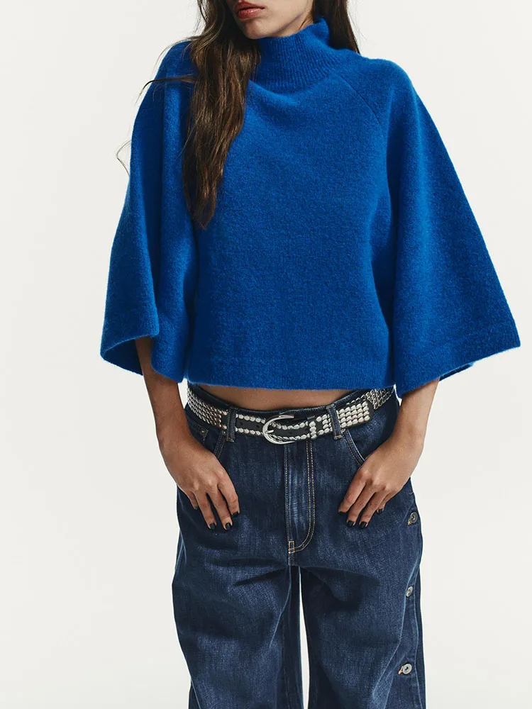 

Faionable Casual Knitwear Women's Stand Collar Wide Sve Sweater New Arrival Winter 2025 Loose Fit ort Length Top