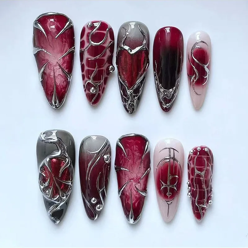 24 piezas de uñas postizas largas negras Y2K con diseño de cabeza de almendra, patrón de rayas plateadas ojo de gato, puntas de uñas press-on 3