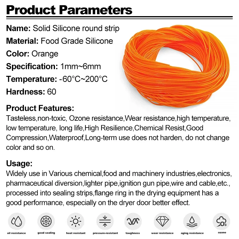 Diamater 1mm/1.2/1.5/1.8/2/2.5~6mm Orange Silicone Rubber Solid Strip Sealing Ring Orange Rubber Cord High Temperature O-Bar