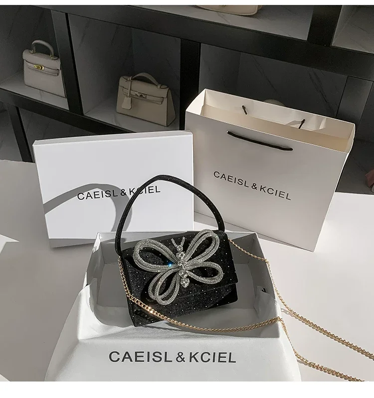 Luxury Glitter Diamond Bow Knot Evening Bag Fashion Velvet Women Handbag Wedding Party Banquet Clutch Purse Shoulder Bag