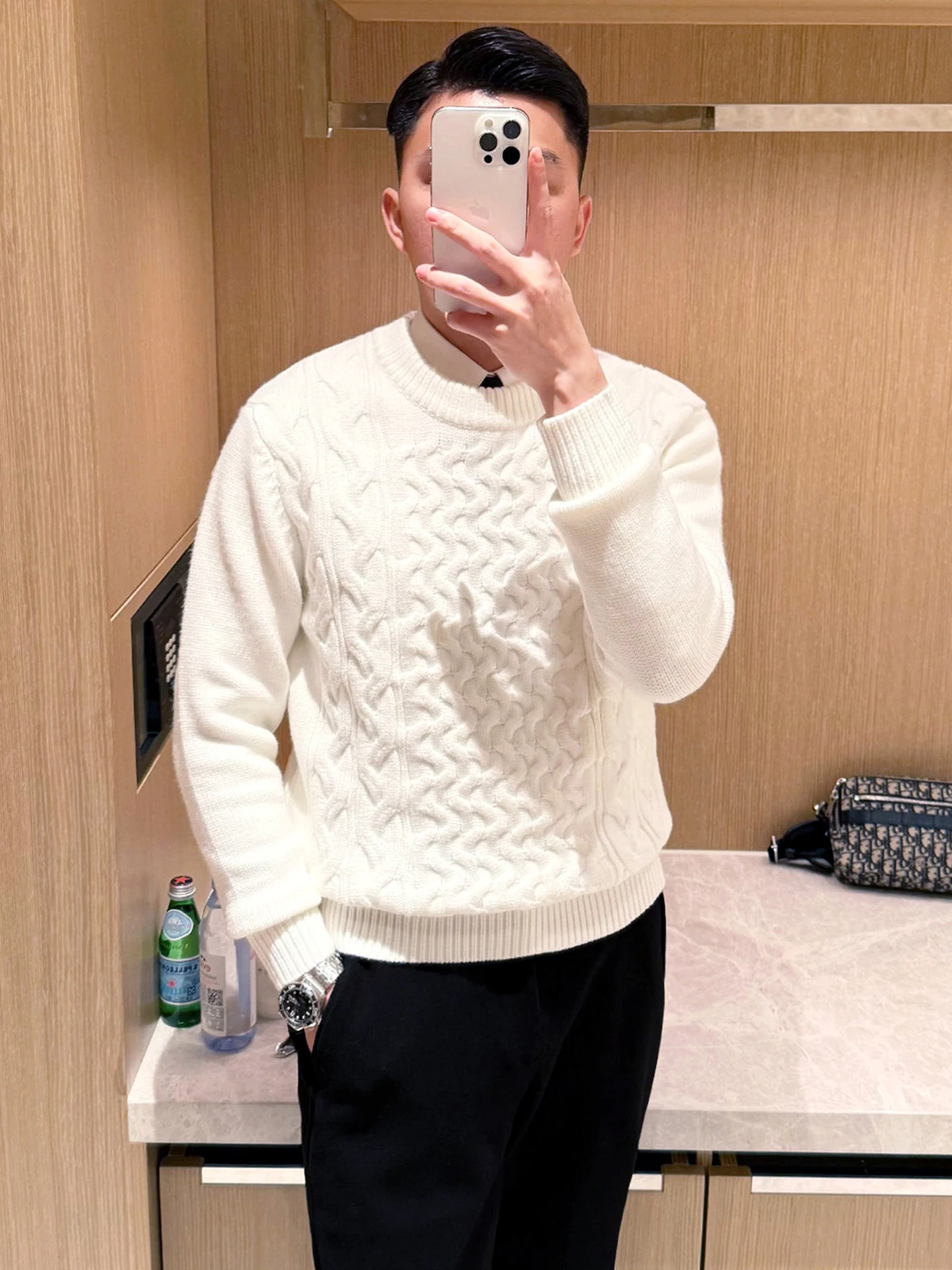 

Thiened Retro Knitted Sweater Men's Casual Winter Warm White Knitwear round Ne Pullover Polyester Rayon Nylon Fiber Blend