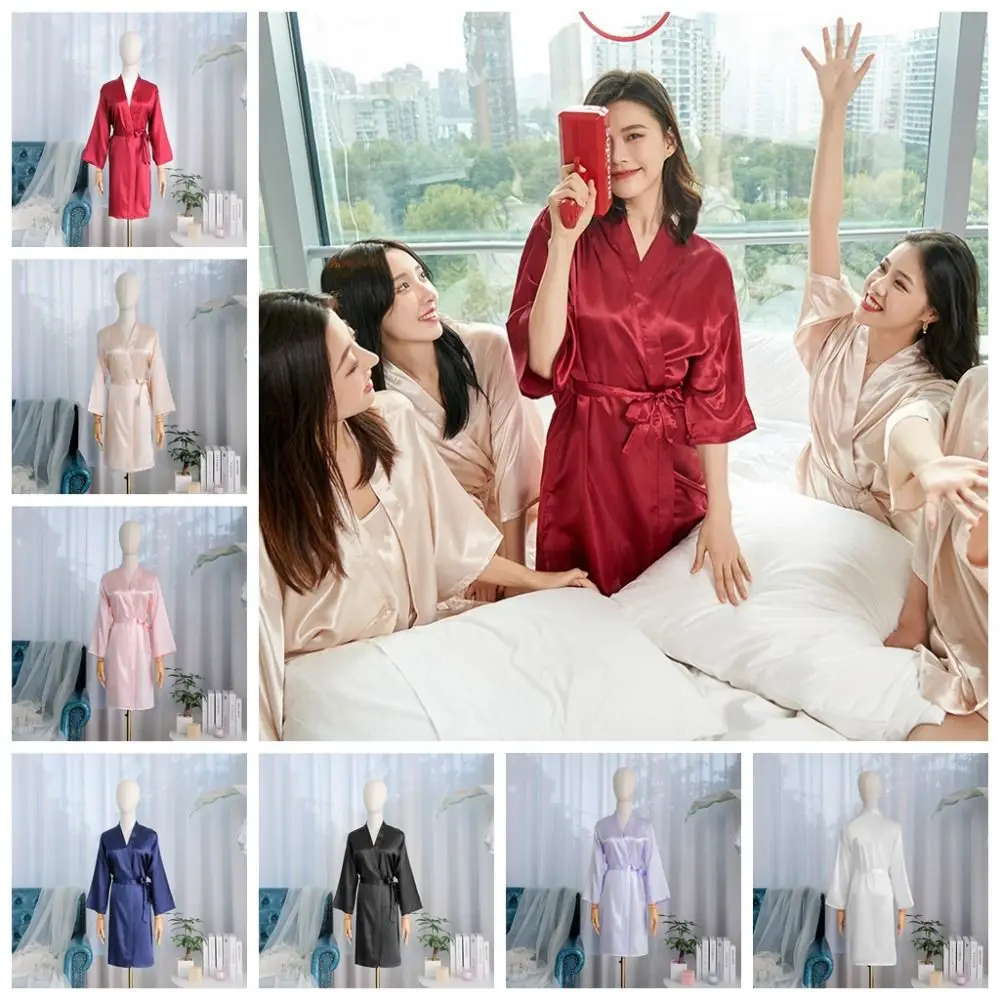

Silk Women Silk Pajamas Robes Black Silk Bathrobe Charming Women's Nightgown Red Pure Color Silk Womens Robes Wedding Party Team