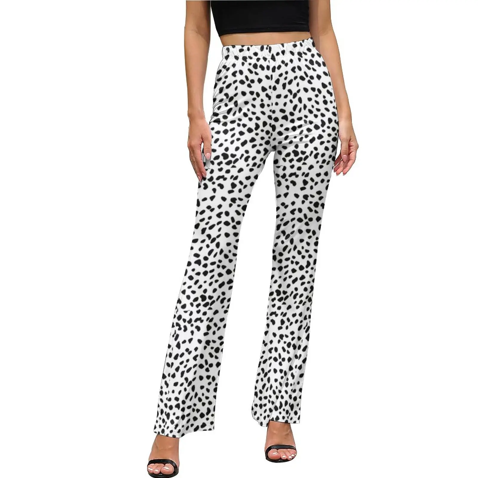 Dalmation Print Casual Pants Summer Black Polka Dots Kawaii Pattern Flare Trousers Elastic High Waist Stretch Aesthetic Pants