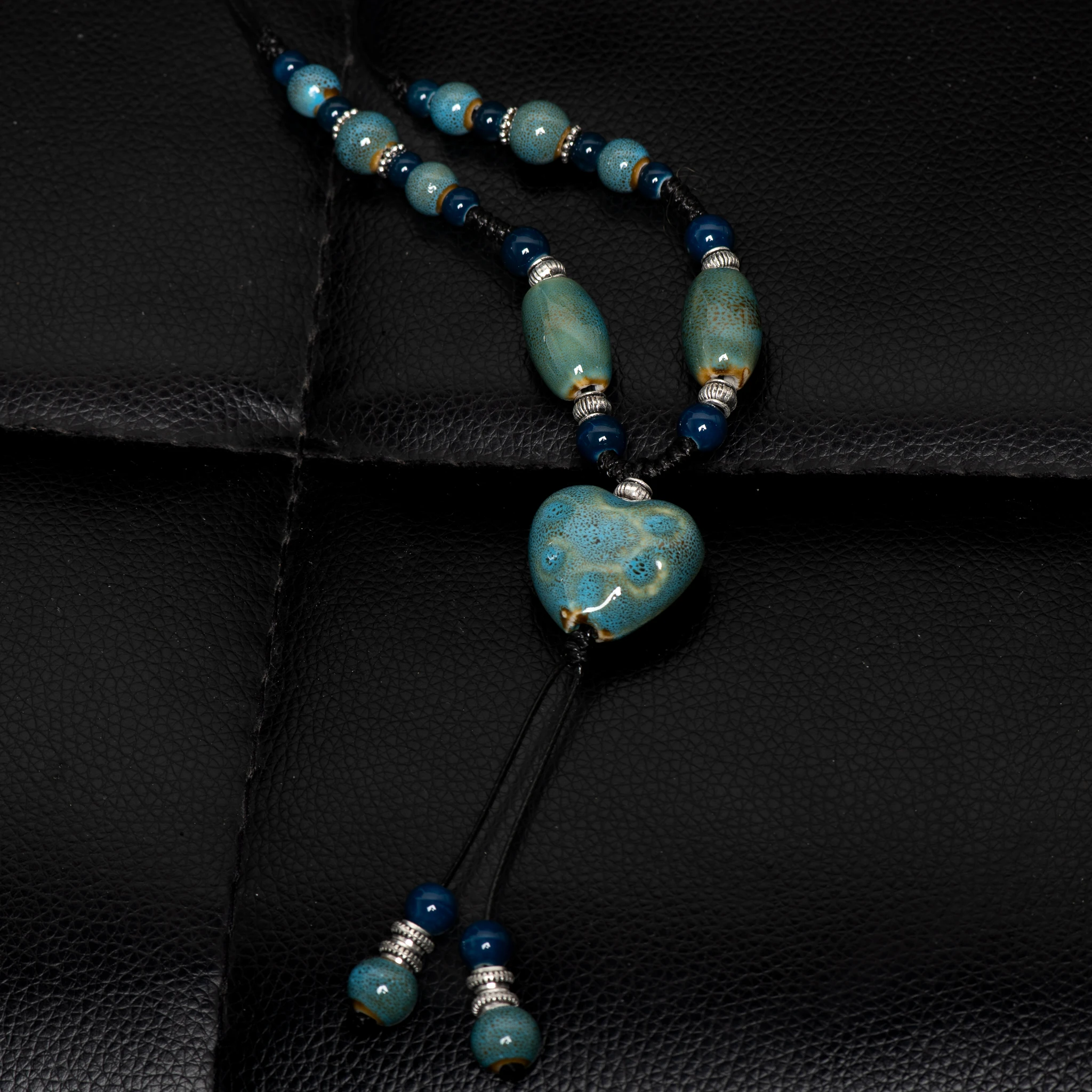 Blue Heart Ceramic Necklace Handmade Pendant Boho Adjustable Long Necklace for Women 111