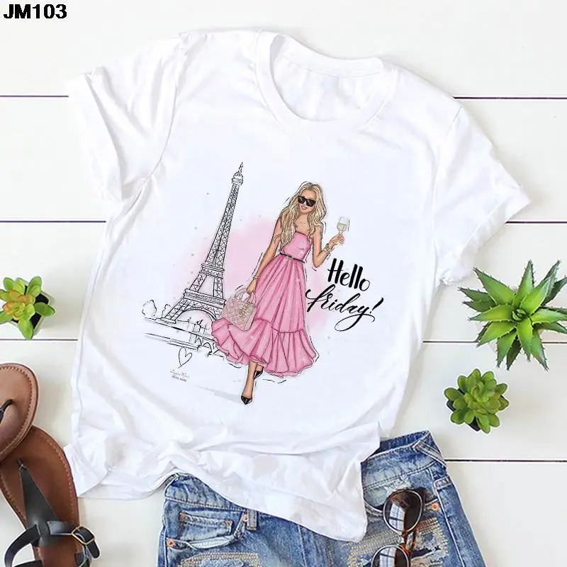 New Women\'s Eiffel Tower Beautiful Girl Print T Shirt Women Harajuku Fashion Short Sleeve Tshirt Korean Style Female Top T-shirt