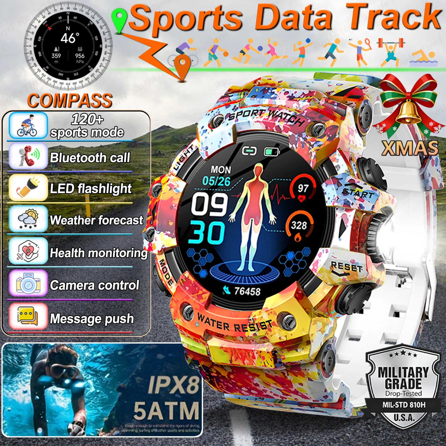 

1,32-дюймовые HD-умные часы для мужчин, Bluetooth-вызов, спортивный фитнес-трекер, монитор сердечного ритма, компас, совместимый с Android iOS