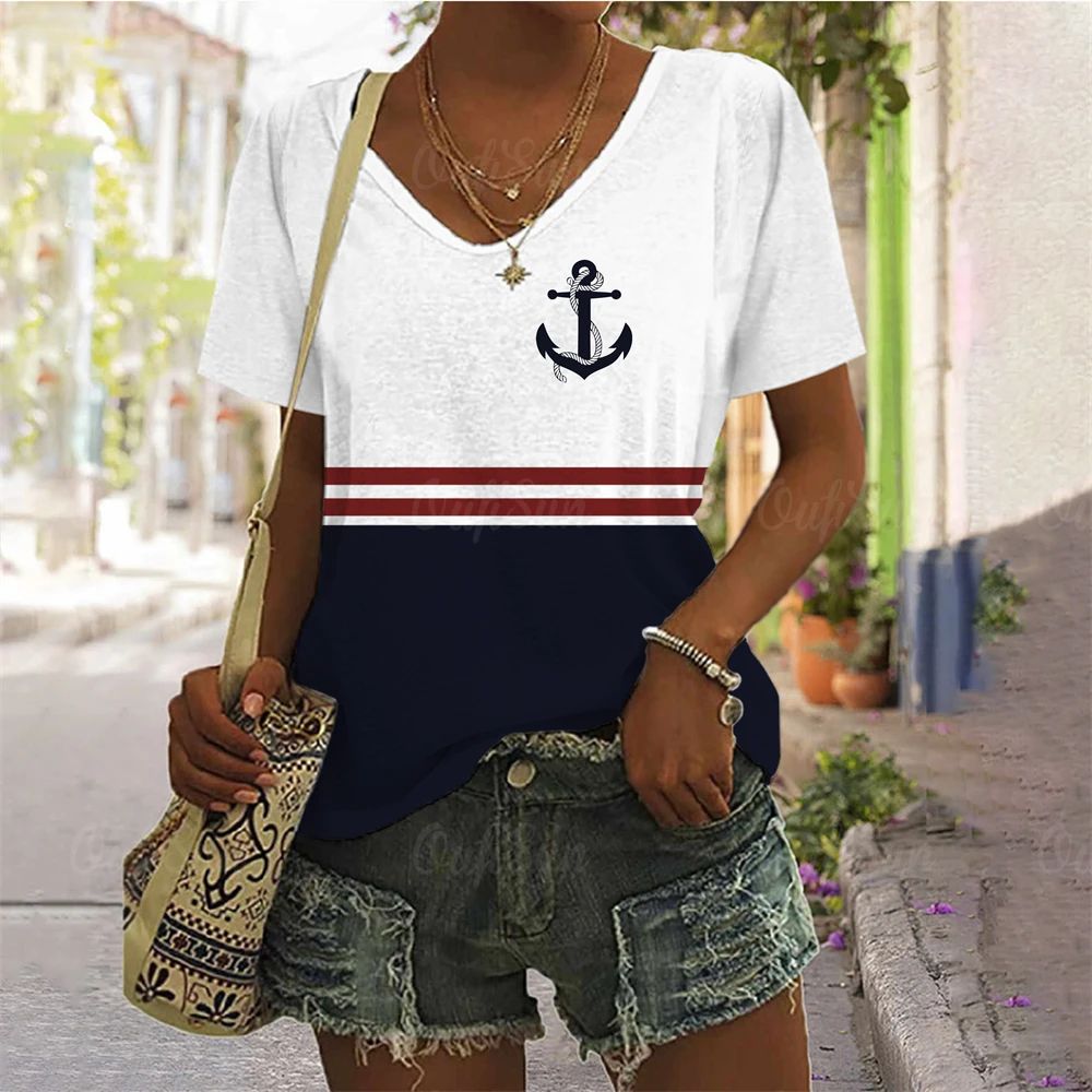 Summer Oversized T-Shirts Anchor Print Top For Women\'s Clothing V-Neck Female Fashion Plus Size 2024 New Style T-Shirt For Women