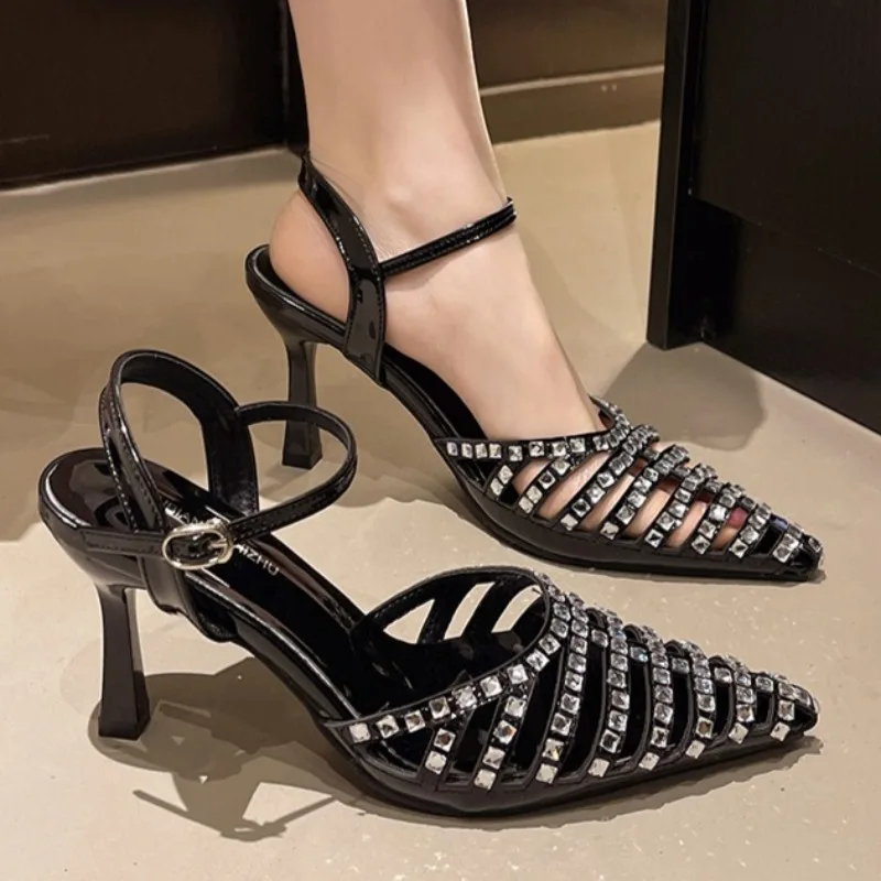 

Baotou Rhinestone Sandals Woman High Heels Hollow Outs Summer Sandalias Woman Ankle Strap Crystal Shoes Women Stiletto Sandals
