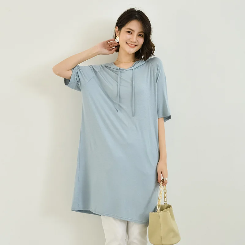 Lente Zomer Hooded Jurk Half Mouwen Modal Casual Loose Lange Jurk Effen Kleuren Vrouwelijke Kleding Streetwear