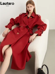 Lautaro Spring Autumn Long Retro Elegant Luxury Chic Flowy Casual Trench Coat for Women Belt Double Breasted Loose Overcoat 2024