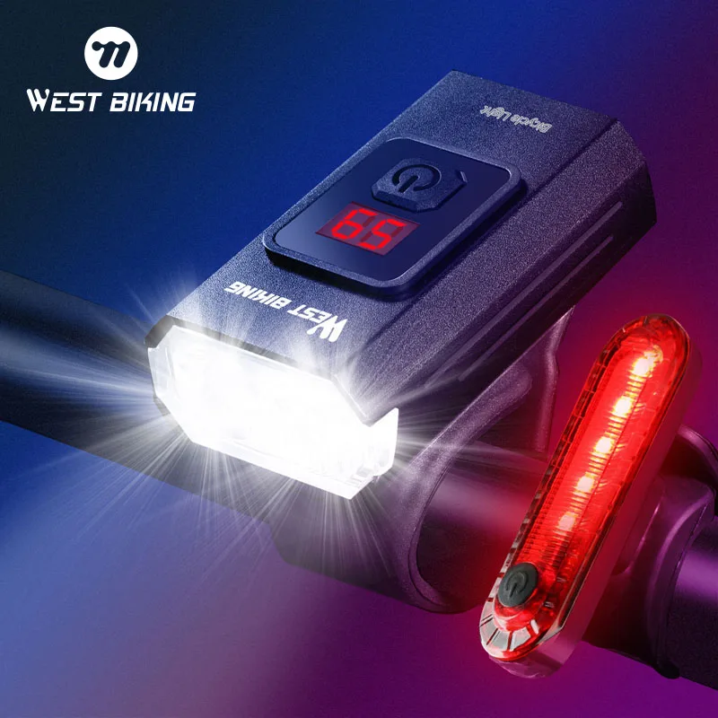 WEST BIKING 350 Lumens Bike Light With Battery Display USB Rechargeable Headlight Waterproof LED Cycling Front Rear Lamp