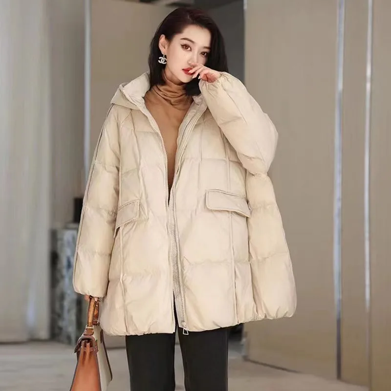 

Women Winter Korean Style Fashionable Warm Down Jacket Casual Large Size Thickened Mid-length Hooded 90% White Duck Down Jacket