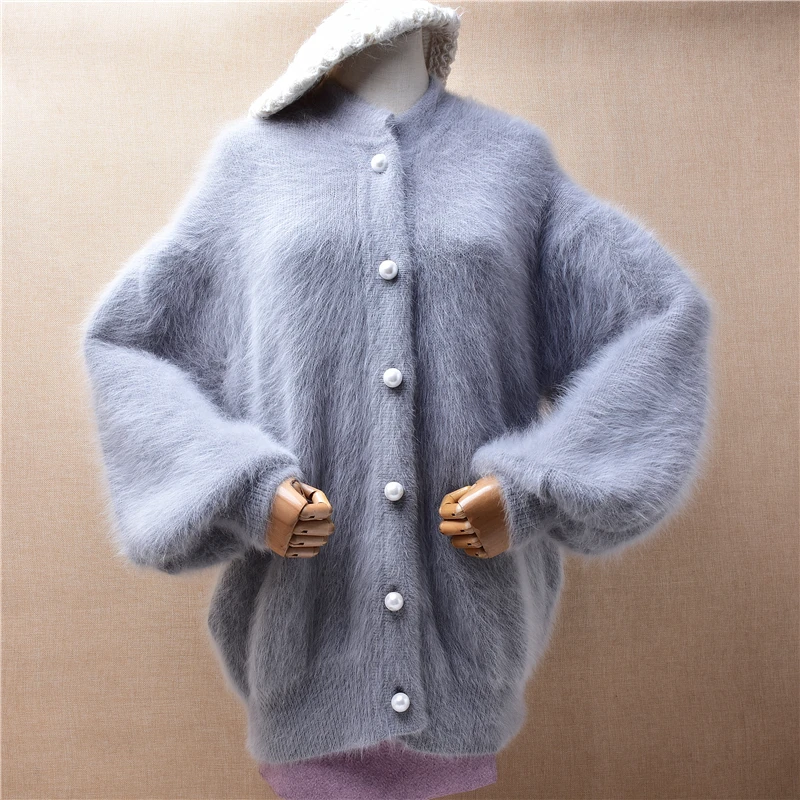 

Female Women Fall Winter Thick Warm Hairy Mink Cashmere Knitted Long Lantern Sleeves Loose Cardigans Angora Fur Sweater Jacket