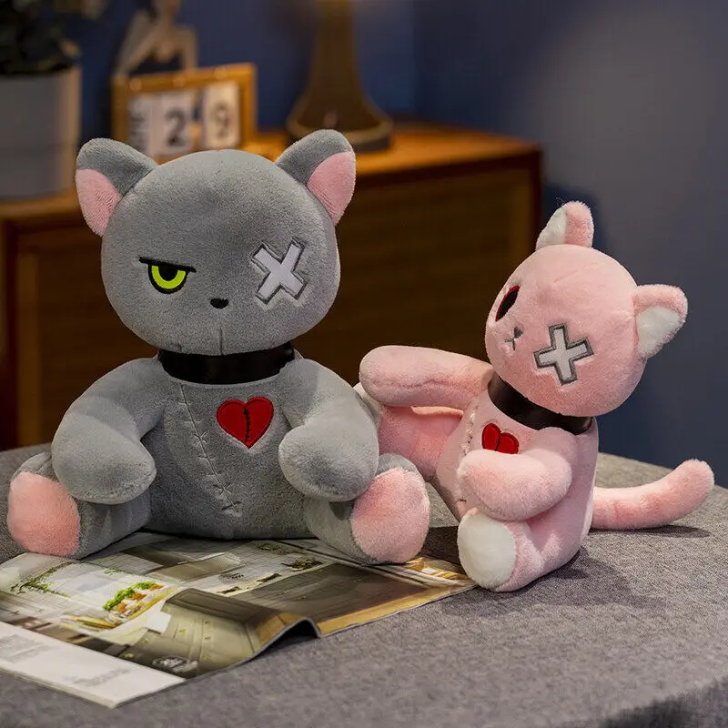 Creepy Goth Cat Plush Toys, Crazy Kitten Plushie, Boneca de Bichos de Pelúcia, Decoração do quarto para meninos e meninas