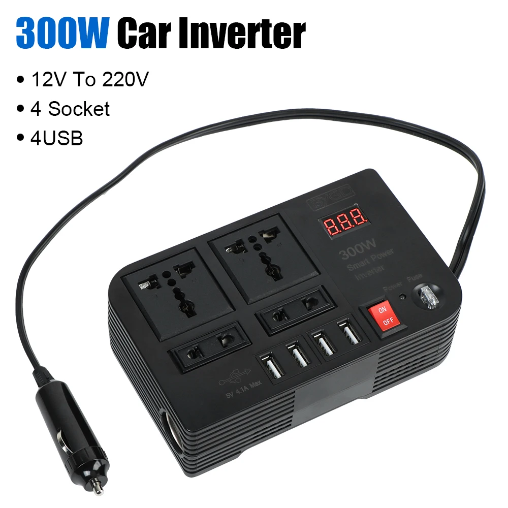 ON/OFF Switch 4 USB Ports Overload Protection 4 AC Sockets With Fuse 300W Power Adapter Car Inverter DC 12V to AC 220V Converter